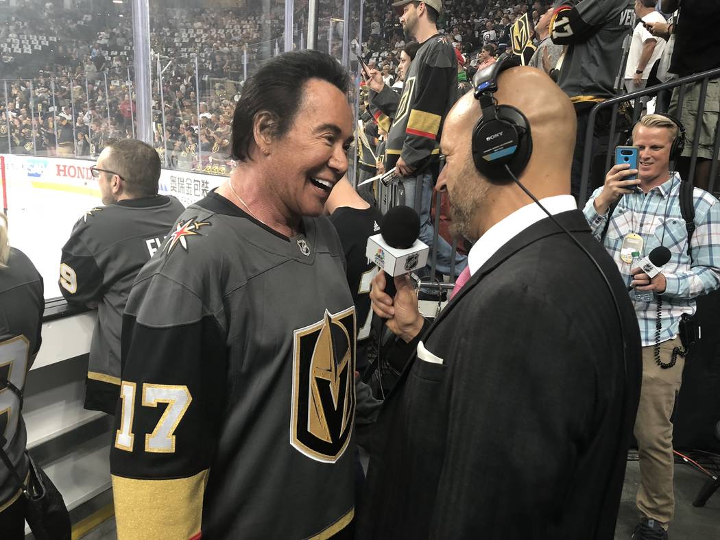 Wayne Newton is shown being interviewed by Steve Goldstein of NBC Sports Radio at T-Mobile Arena prior to the Vegas Golden Knights-Winnipeg Jets Western Conference Finals Stanley Cup Playoff game. ...