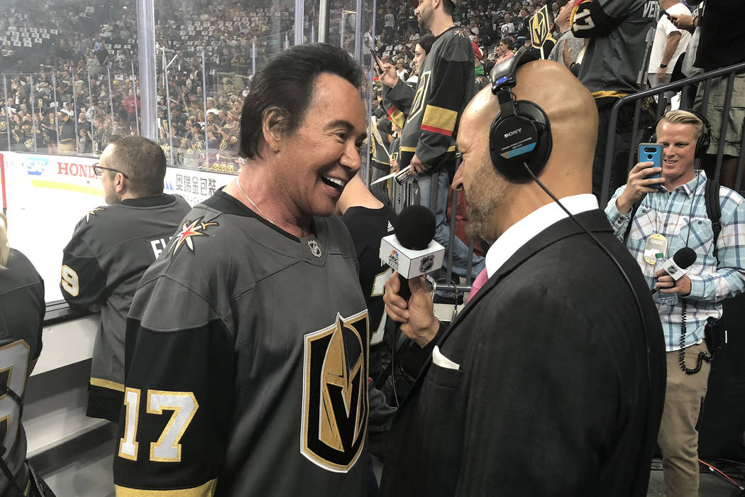 Wayne Newton is shown being interviewed by Steve Goldstein of NBC Sports Radio at T-Mobile Arena prior to the Vegas Golden Knights-Winnipeg Jets Western Conference Finals Stanley Cup Playoff game. ...