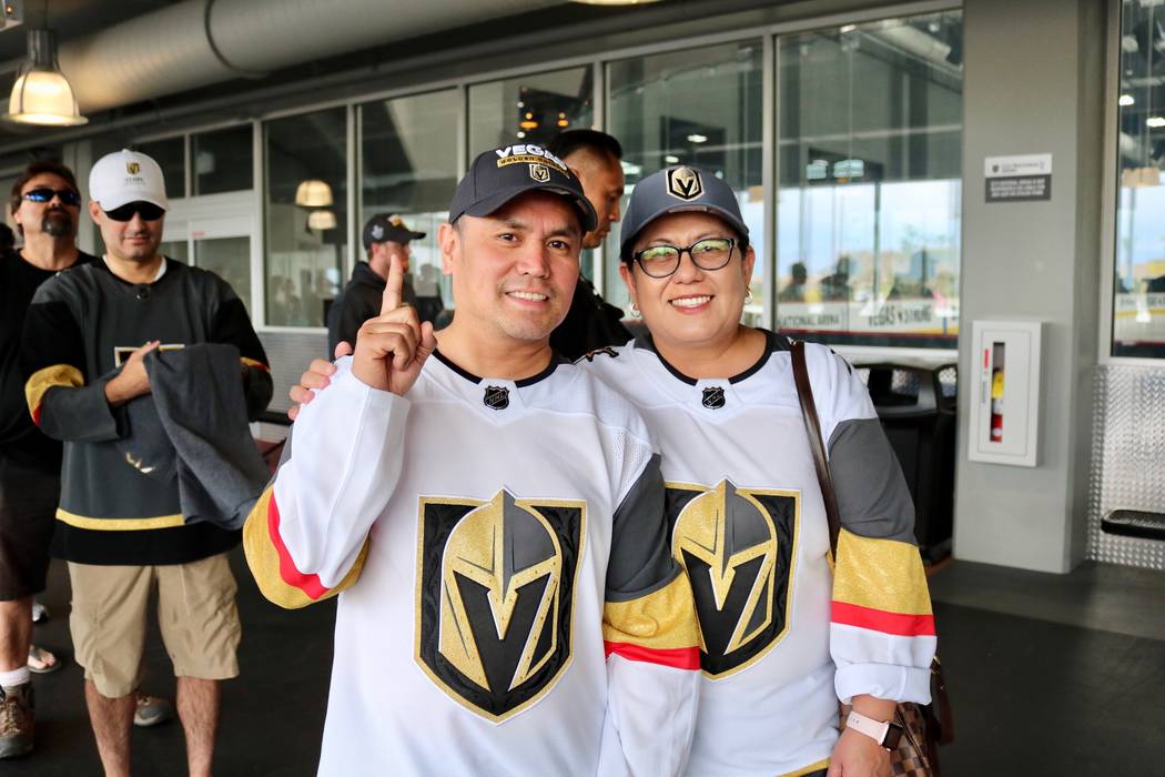 Golden Knights fans Trixie Olivo sport their jerseys in line in to buy merchandise from The Arsenal Pro Shop at City National Arena in Las Vegas, Monday, May 21, 2018. They were hoping to buy the ...