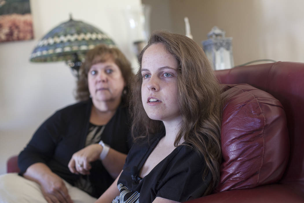 Jessica Lindley, 18, speaks to the Review-Journal next to her mother Rebbeca Lindley at their home in Las Vegas, Wednesday, May 16, 2018. Jessica was born with Arthrogryposis multiplex congenita, ...
