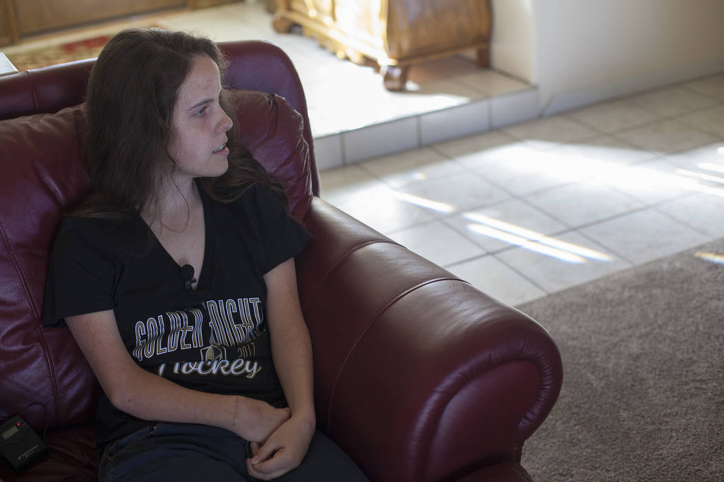 Jessica Lindley, 18, speaks to the Review-Journal next to her mother Rebbeca Lindley at their home in Las Vegas, Wednesday, May 16, 2018. Jessica was born with Arthrogryposis multiplex congenita, ...