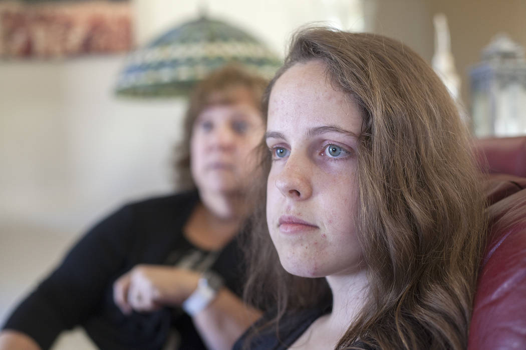 Jessica Lindley, 18, speaks to the Review-Journal next to her mother Rebbeca Lindley at their home in Las Vegas, Wednesday, May 16, 2018. Jessica was born with Arthrogryposis multiplex congenita, ...