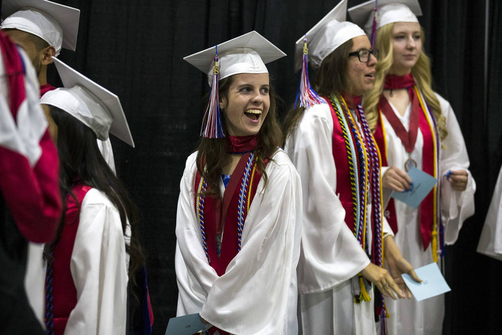 Veterans Tribute Career & Technical Academy senior Jessica Lindley, 18, stands in line before the start of her commencement ceremony at the Orleans Arena in Las Vegas on Thursday, May 24, 2018 ...