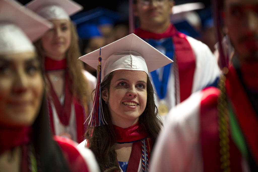 Veterans Tribute Career & Technical Academy senior Jessica Lindley, 18, looks on during her commencement ceremony at the Orleans Arena in Las Vegas on Thursday, May 24, 2018. Richard Brian Las ...