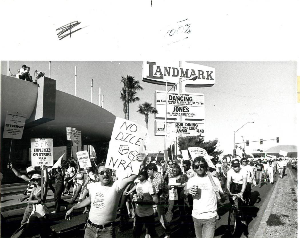 Union Protesters in front of the Landmark during a Culinary union strike in 1984. (Rene Germanier/Las Vegas Review-Journal)
