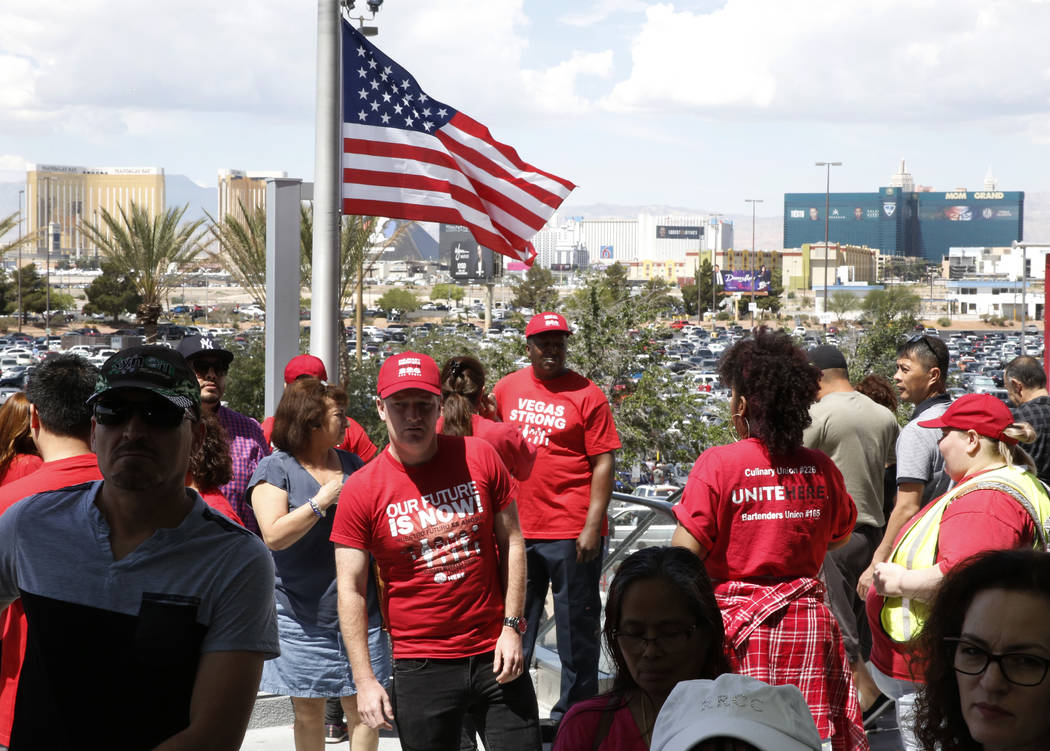 Culinary and bartender union workers leave the Thomas & Mack Center in Las Vegas on Tuesday, May 22, 2018, after voting whether they want to go on strike. (Bizuayehu Tesfaye/Las Vegas Review-Journ ...