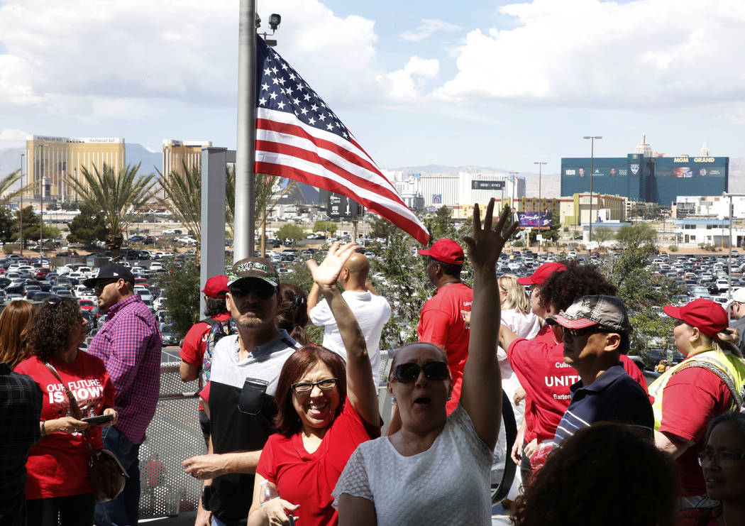 Culinary and bartender union workers leave the Thomas & Mack Center in Las Vegas on Tuesday, May 22, 2018, after voting whether they want to go on strike. (Bizuayehu Tesfaye/Las Vegas Review-Journ ...