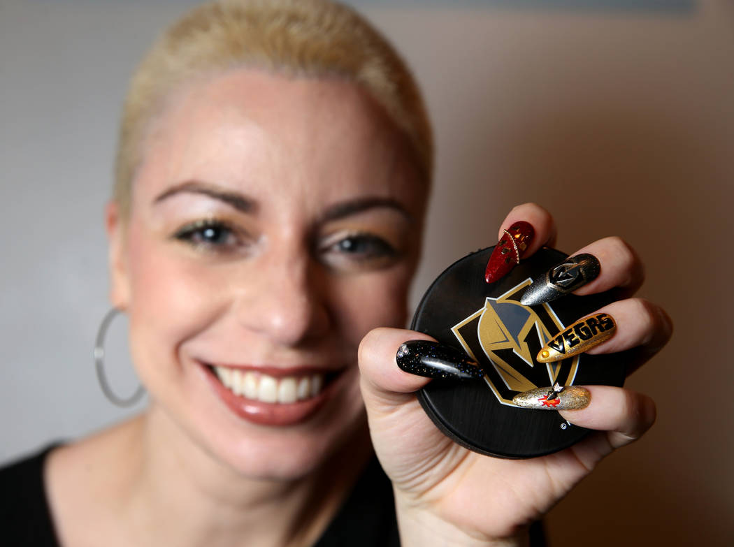 Andrea Lipomi, owner of Feetish Spa Parlor, shows her Vegas Golden Knights-themed nails at her downtown salon Tuesday, May 29, 2018. K.M. Cannon Las Vegas Review-Journal @KMCannonPhoto