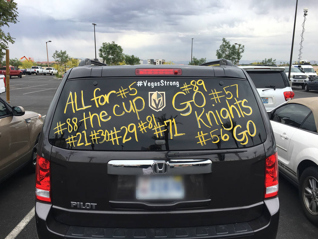 A car belonging to a Golden Knights fan is seen in the parking lot of City National Arena in Las Vegas on Monday, May 21, 2018, the day after the team advanced to the Stanley Cup Final. Eli Segall ...
