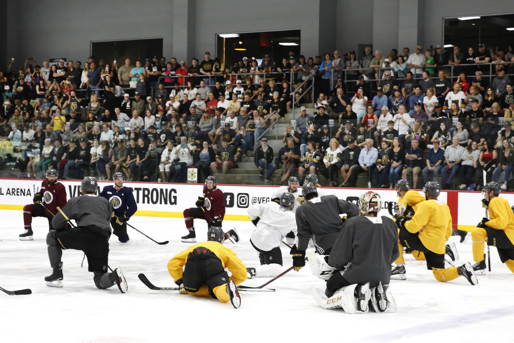 Fans watch as Golden Knights players stretch during team practice at City Center Arena on Wednesday, May 23, 2018, in Las Vegas. Bizuayehu Tesfaye/Las Vegas Review-Journal @bizutesfaye