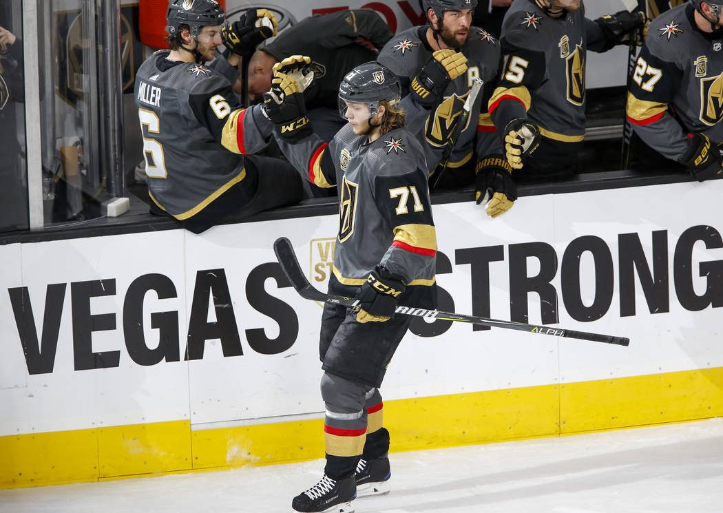 Vegas Golden Knights center William Karlsson (71) celebrates a goal during the second period of an NHL hockey game between the Vegas Golden Knights and the Calgary Flames at the T-Mobile Arena in ...