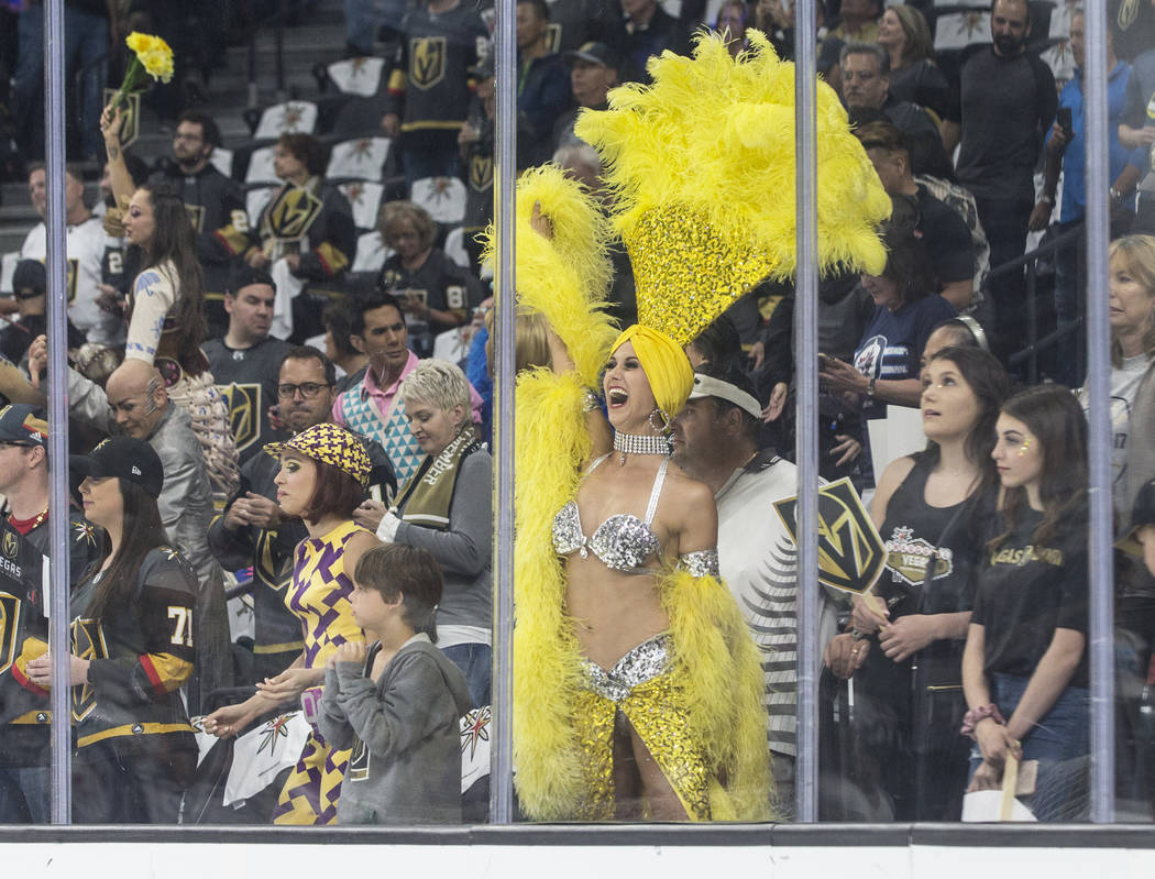 Golden Knights fans cheer for their home team before the start of game four of Las Vegas' NHL Western Conference Finals matchup with Winnipeg on Friday, May 18, 2018, at T-Mobile Arena, in Las Veg ...