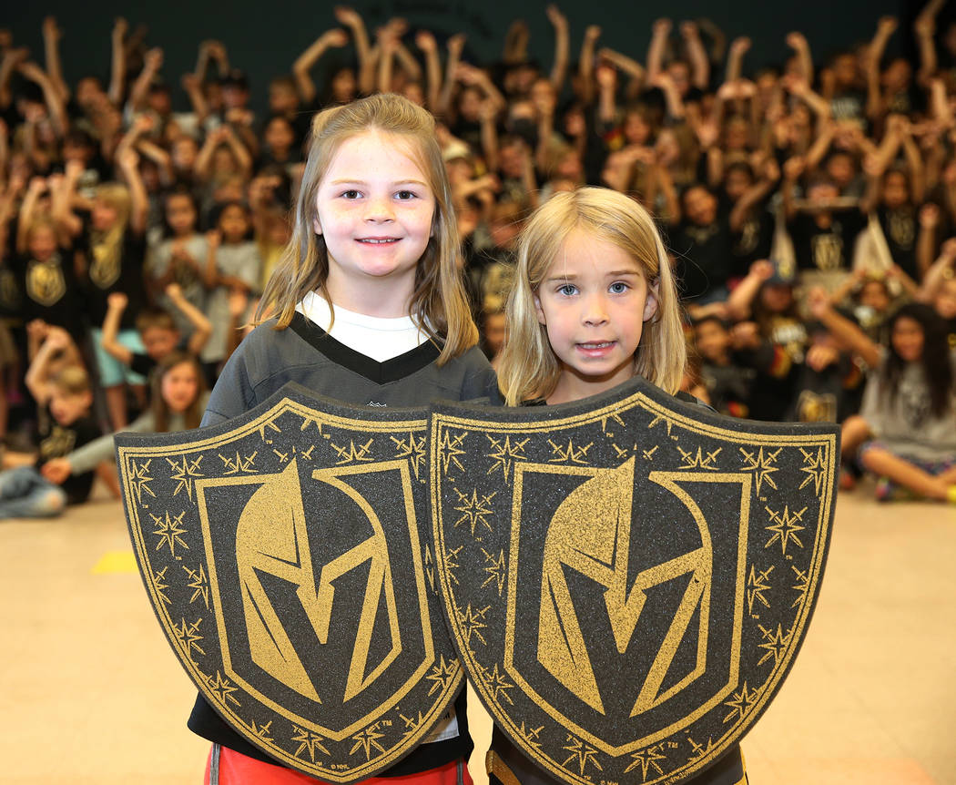 Harper Oduyk, 6, and Elon Sogge, 7, show their support for the Vegas Golden Knights by wearing the team's colors during school in Las Vegas, Thursday, May 24, 2018. Erik Verduzco Las Vegas Review- ...