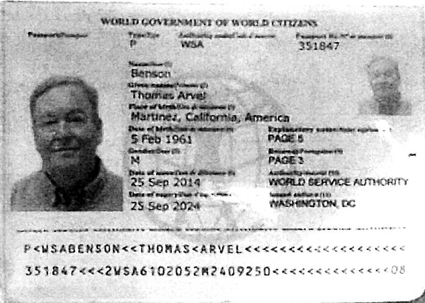 Thomas Benson, who was given probation in May for filing bogus real estate paperwork in Las Vegas, is seen in this "World Government of World Citizens" ID. (Clark County District Court)