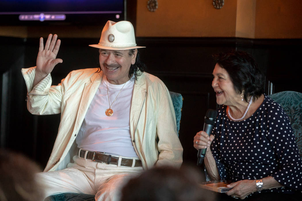 Carlos Santana and Dolores Huerta are shown at Foundation Room at Mandalay Bay on Thursday, May 17, 2018. (Paul Citone)