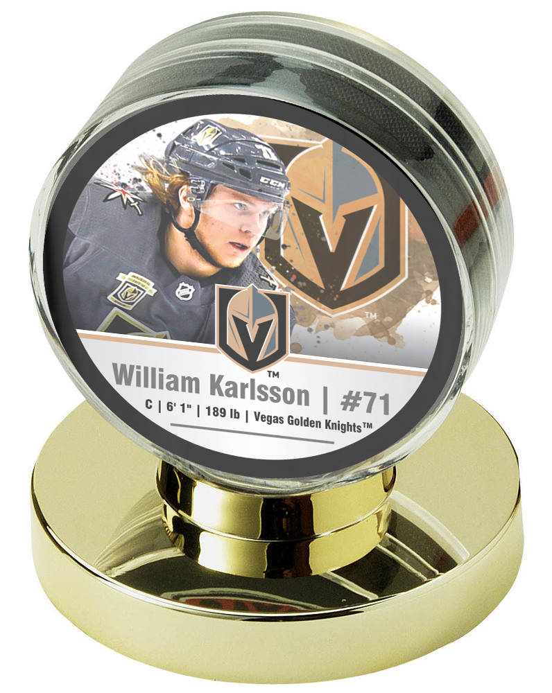 A William Karlsson Golden Knights commemorative hockey puck, part of a four-puck set being sold by Nikco Sports Memorabilia, with a percentage of the sales going to the Golden Knights Foundation. ...