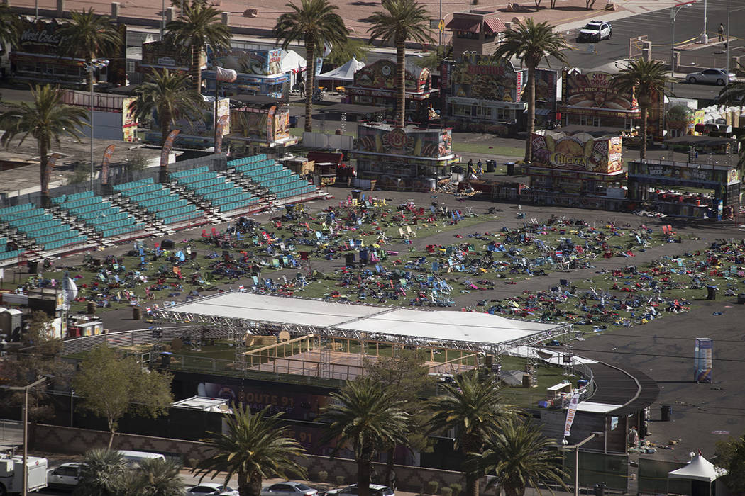 The Las Vegas Village festival grounds on the Las Vegas Strip Monday, Oct. 2, 2017, after a gunman opened fire killing 58 and injuring more than 500 Sunday night. Richard Brian Las Vegas Review-Jo ...
