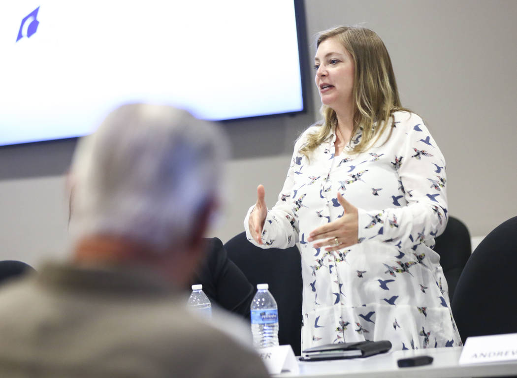 Amy Carvalho, candidate for Nevada System of Higher Education Regent District 12, speaks during a panel of candidates running for Nevada's education boards held by the Guinn Center and Hope for Ne ...