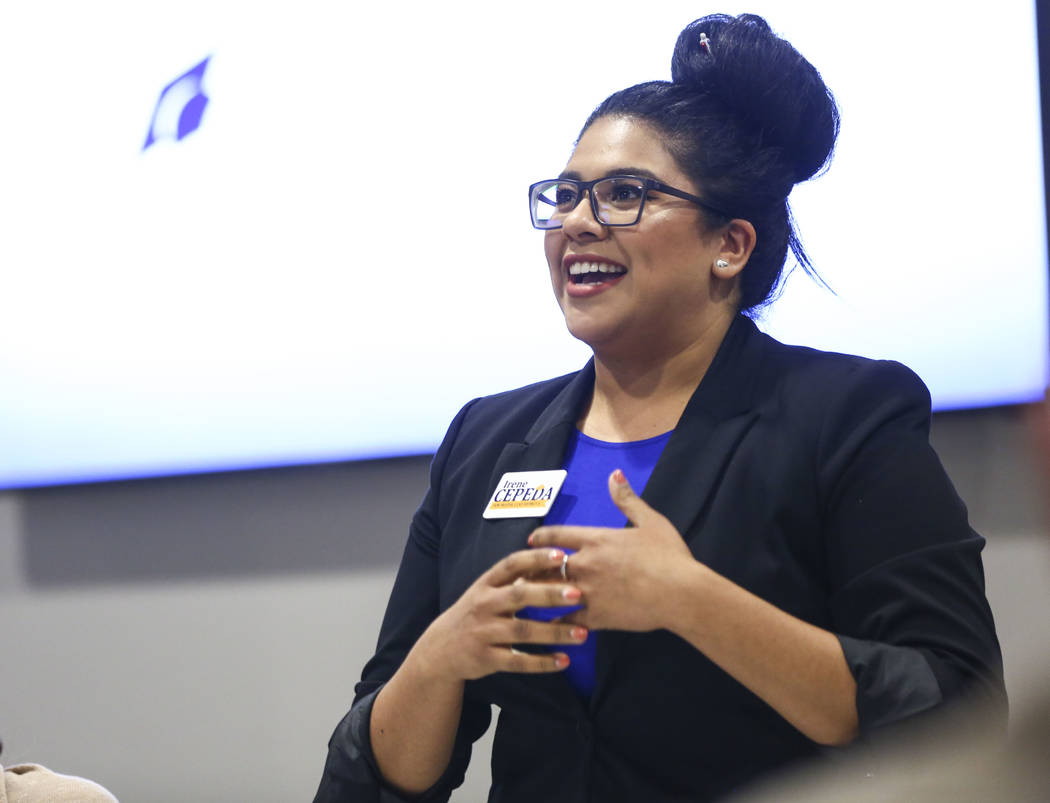 Irene Cepeda, candidate for Clark County School Board District D, speaks during a panel of candidates running for Nevada's education boards held by the Guinn Center and Hope for Nevada at The Publ ...