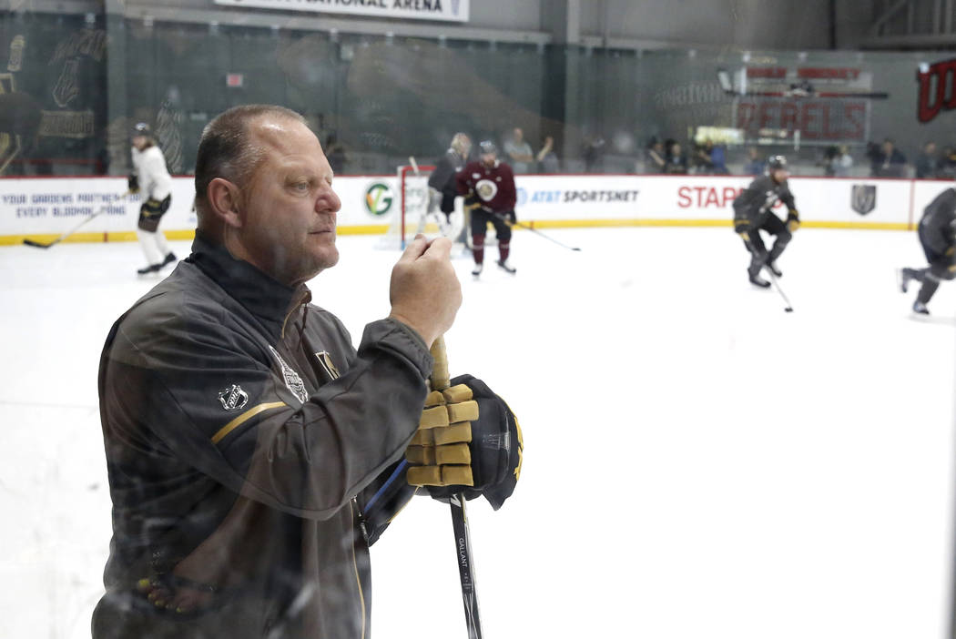 Golden Knights head coach Gerard Gallant watches his players during team practice at City Center Arena on Wednesday, May 23, 2018, in Las Vegas. Bizuayehu Tesfaye/Las Vegas Review-Journal @bizutesfaye