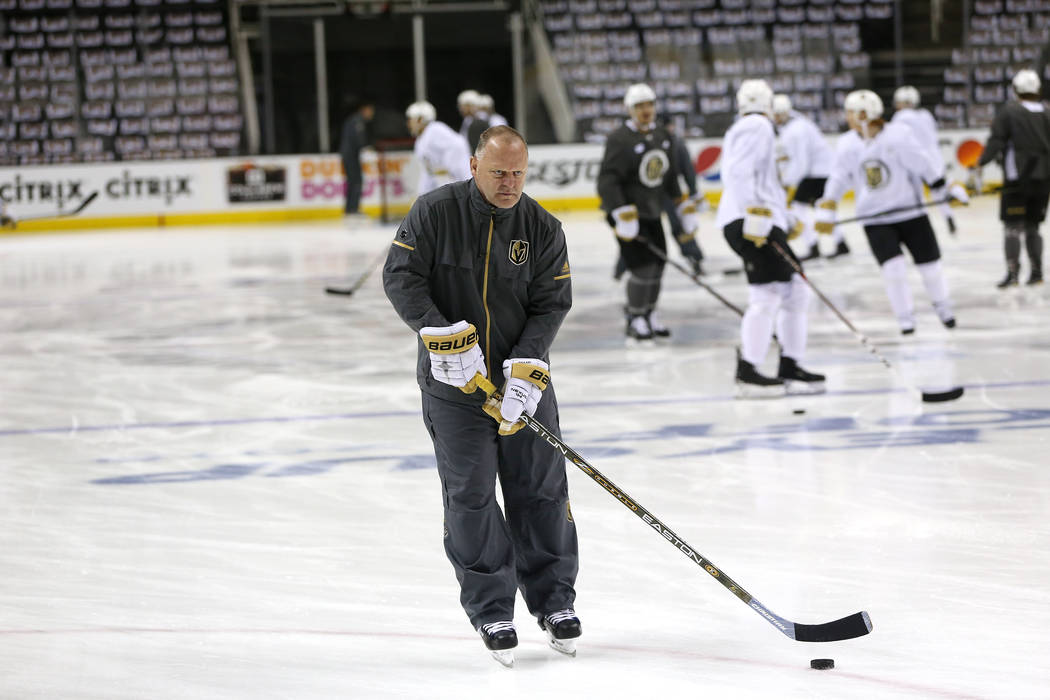 Vegas Golden Knights head coach Gerard Gallant on the ice during practice before Game 3 of an NHL hockey second-round playoff series against the San Jose Sharks at the SAP Center in San Jose, Cali ...