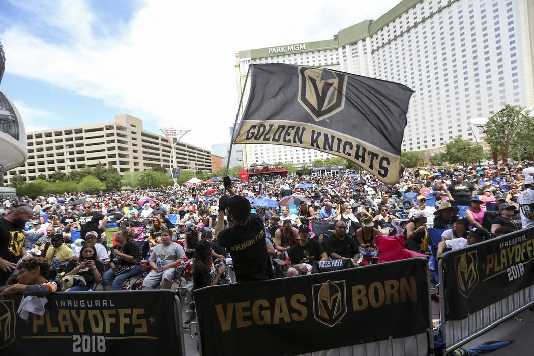 Golden Knights fans during a watch party for Game 5 of the Western Conference Finals between the Golden Knights and the Winnipeg Jets at Toshiba Plaza in Las Vegas on Sunday, May 20, 2018. Richard ...