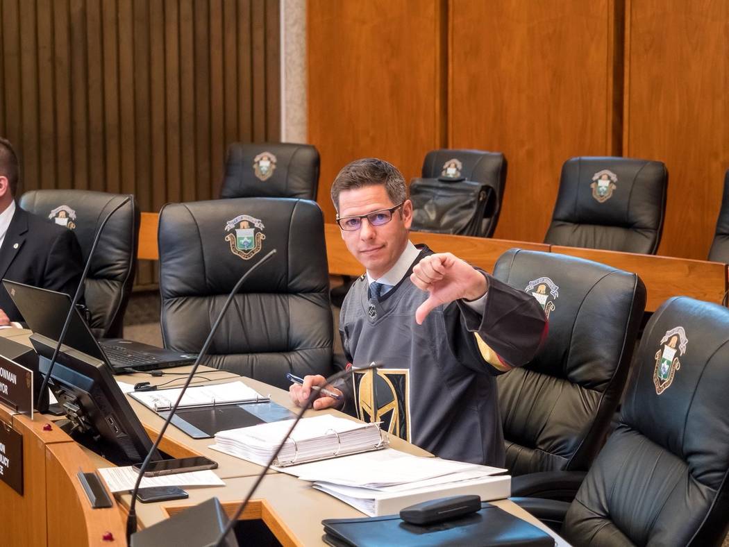 Winnipeg Mayor Brian Bowman is shown wearing a Vegas Golden Knights home jersey during his town's City Council meeting on Thursday, May 24, 2018. (City of Winnipeg)