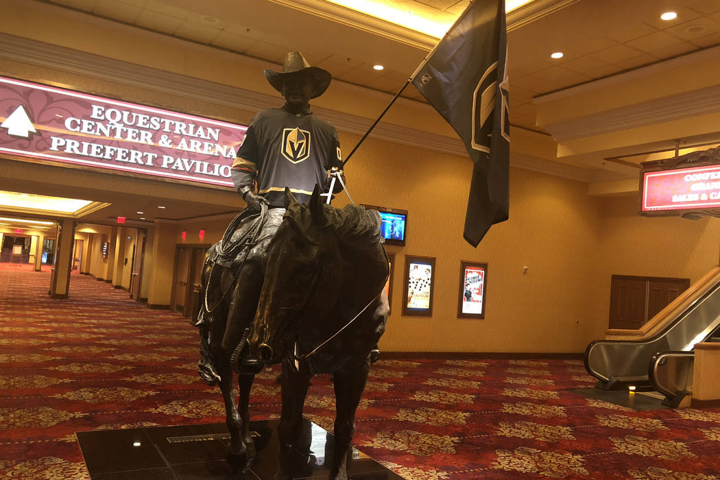 The statue of Benny Binion with Vegas Golden Knights gear is shown at South Point hotel-casino on Wednesday, May 24, 2018. (John Katsilometes/Las Vegas Review-Journal)