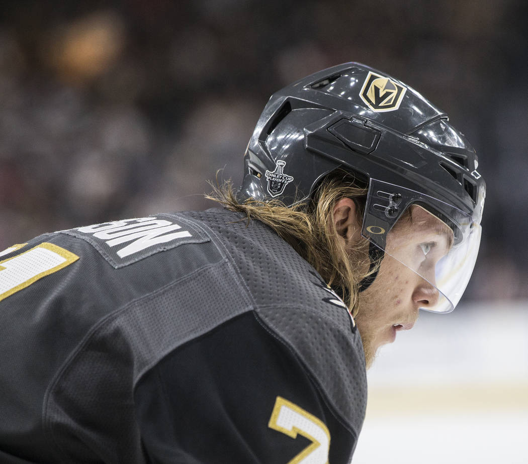 Golden Knights center William Karlsson (71) waits for the puck to drop before a face off during game four of Las Vegas' NHL Western Conference Finals matchup with Winnipeg on Friday, May 18, 2018, ...