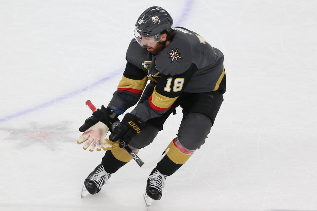 Vegas Golden Knights left wing James Neal (18) catches a flying puck during the second period against Winnipeg Jets in Game 4 of the Western Conference Final at T-Mobile Arena in Las Vegas, Friday ...