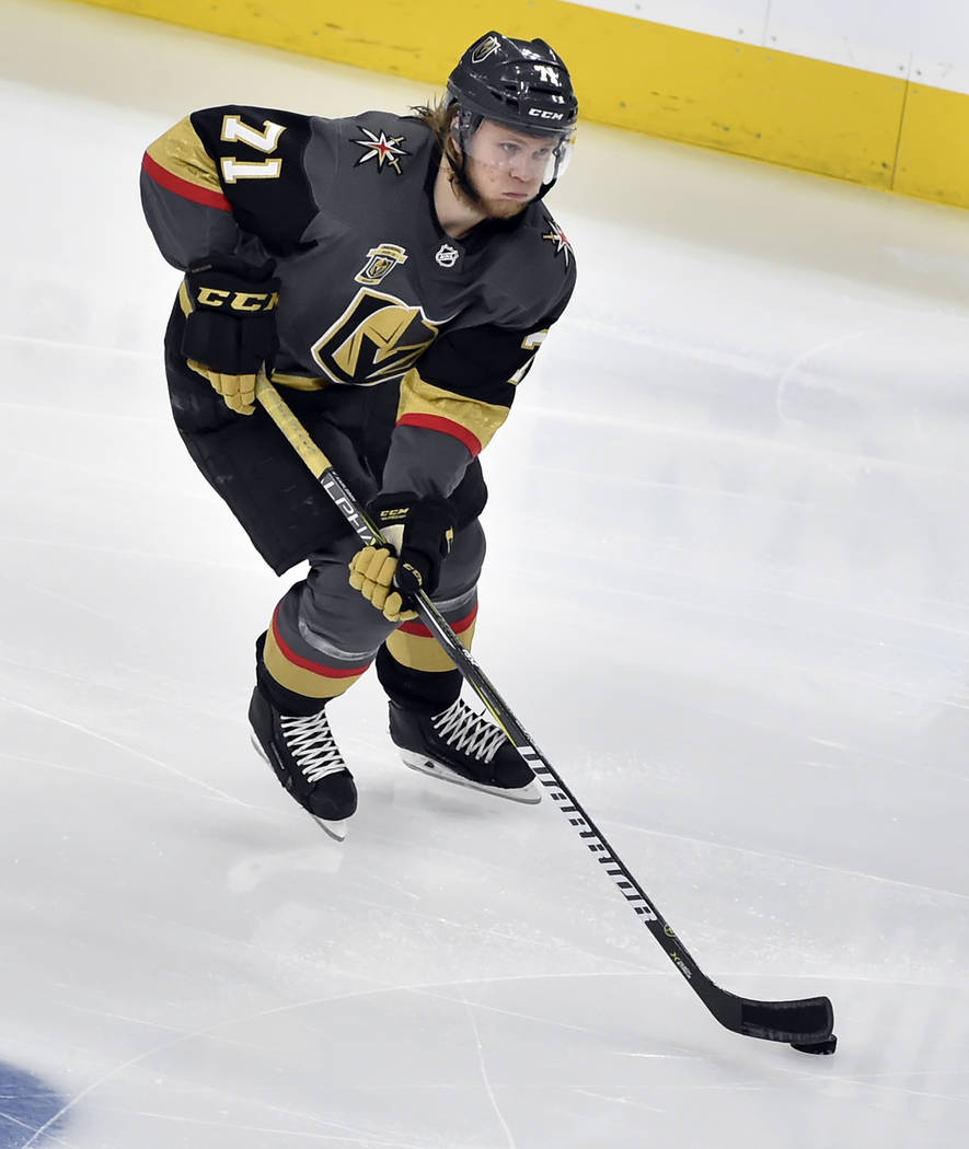 Vegas Golden Knights center William Karlsson skates with the puck against the Winnipeg Jets during Game 3 of the NHL Western Conference finals hockey playoff series Wednesday, May 16, 2018, in Las ...