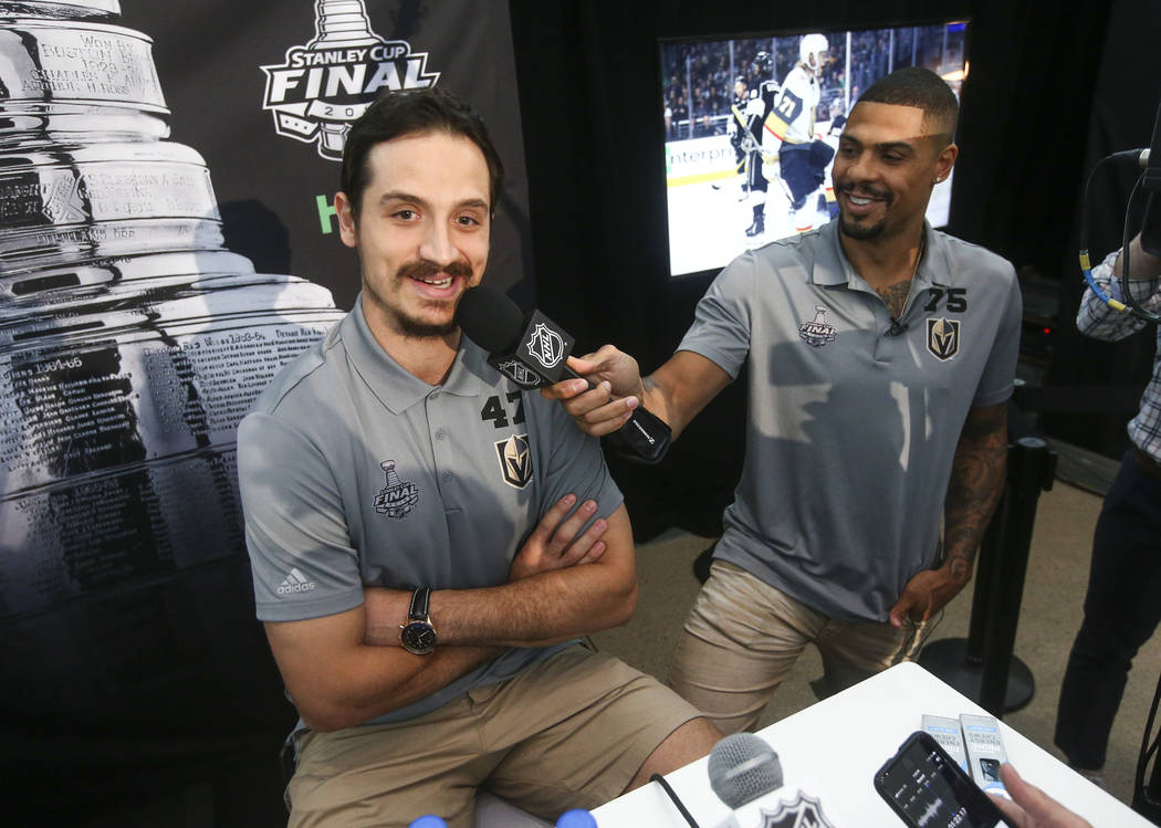 Golden Knights right wing Ryan Reaves (75) interviews defenseman Luca Sbisa (47) during NHL hockey media day for the Stanley Cup Final at the T-Mobile Arena in Las Vegas on Sunday, May 27, 2018. C ...