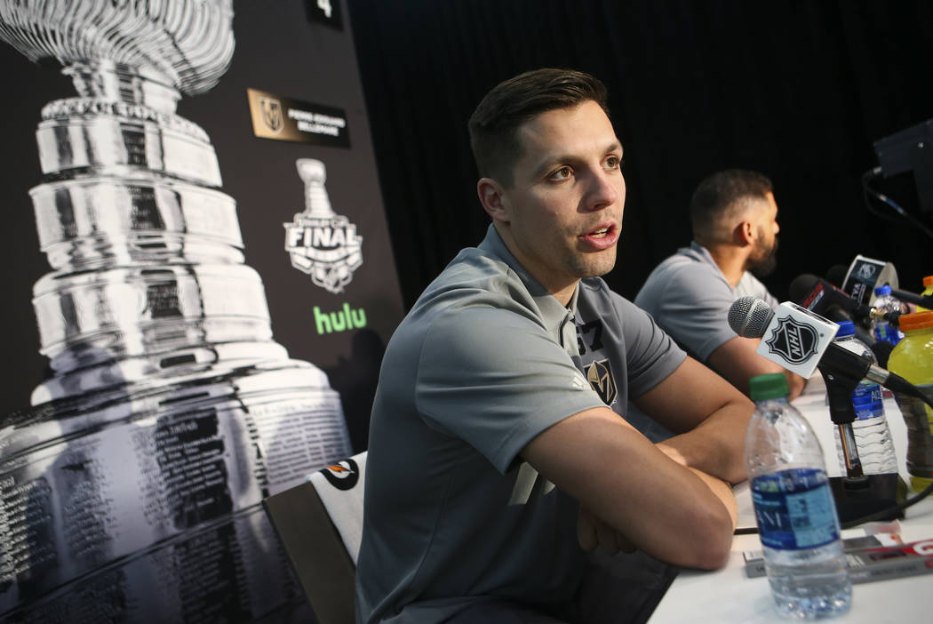 Golden Knights left wing David Perron speaks during NHL hockey media day for the Stanley Cup Final at the T-Mobile Arena in Las Vegas on Sunday, May 27, 2018. Chase Stevens Las Vegas Review-Journa ...