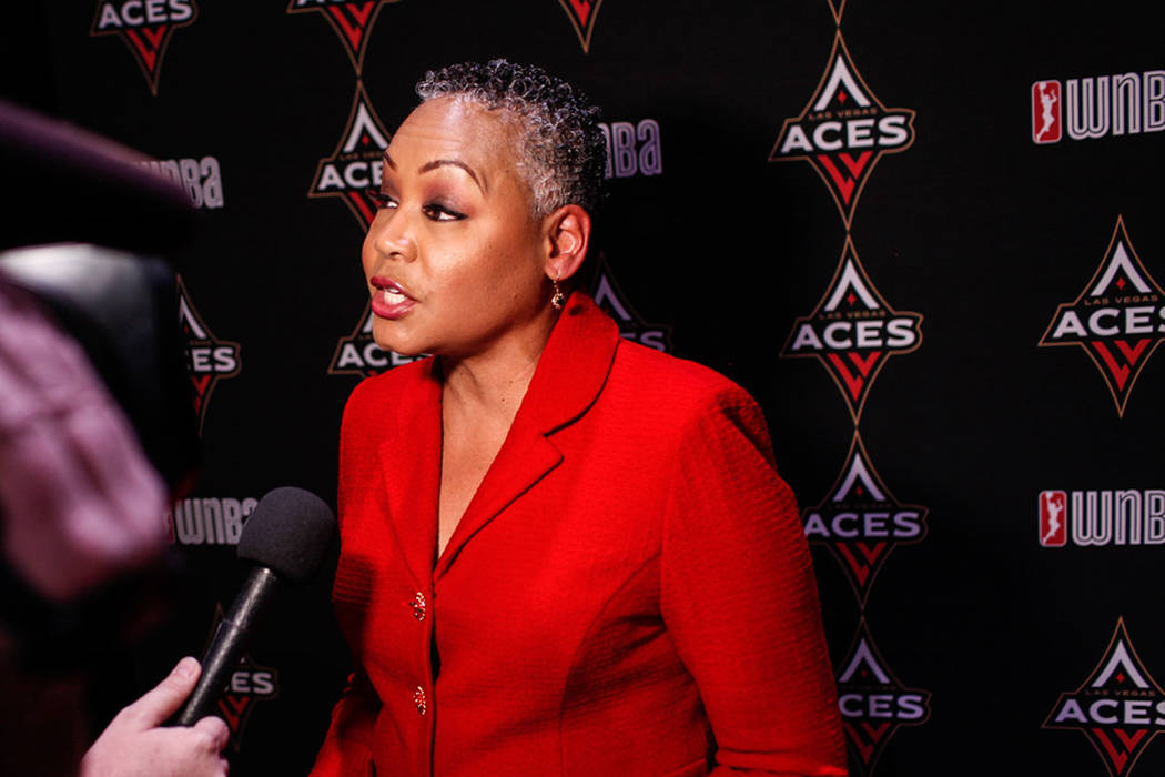 WNBA President Lisa Borders is interviewed after the reveal of the Las Vegas Aces WNBA basketball team at the House of Blues at Mandalay Bay in Las Vegas, Monday, Dec. 11, 2017. Joel Angel Juarez ...