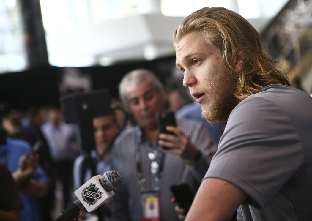 Golden Knights center William Karlsson speaks during NHL hockey media day for the Stanley Cup Final at the T-Mobile Arena in Las Vegas on Sunday, May 27, 2018. Chase Stevens Las Vegas Review-Journ ...