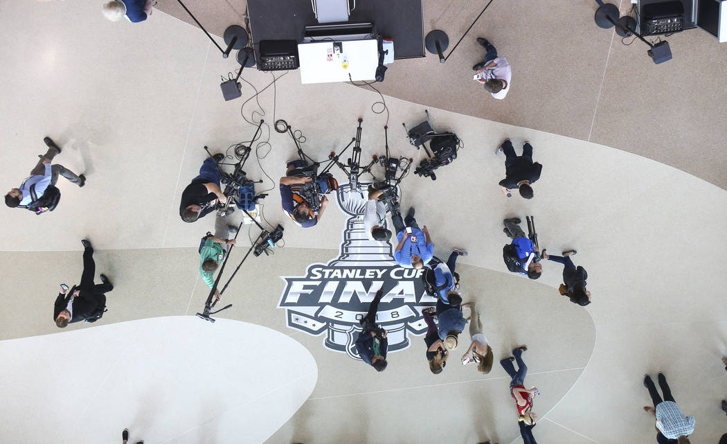 Members of the media wait to interview players during NHL hockey media day for the Stanley Cup Final at the T-Mobile Arena in Las Vegas on Sunday, May 27, 2018. Chase Stevens Las Vegas Review-Jour ...