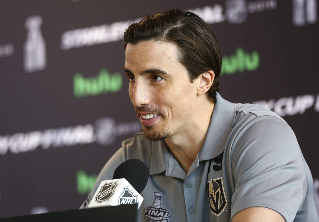 Golden Knights goaltender Marc-Andre Fleury speaks during NHL hockey media day for the Stanley Cup Final at the T-Mobile Arena in Las Vegas on Sunday, May 27, 2018. Chase Stevens Las Vegas Review- ...