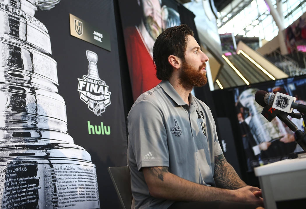 Golden Knights left wing James Neal speaks during NHL hockey media day for the Stanley Cup Final at the T-Mobile Arena in Las Vegas on Sunday, May 27, 2018. Chase Stevens Las Vegas Review-Journal ...