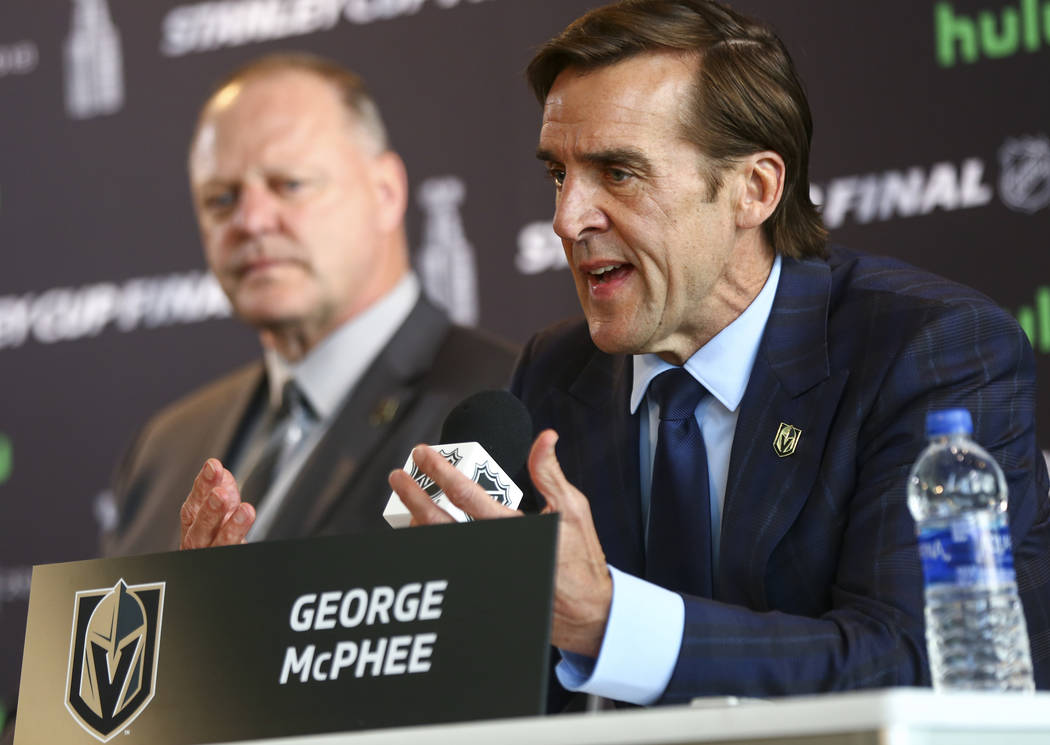 George McPhee, general manager of the Golden Knights, speaks during NHL hockey media day for the Stanley Cup Final at the T-Mobile Arena in Las Vegas on Sunday, May 27, 2018. Chase Stevens Las Veg ...