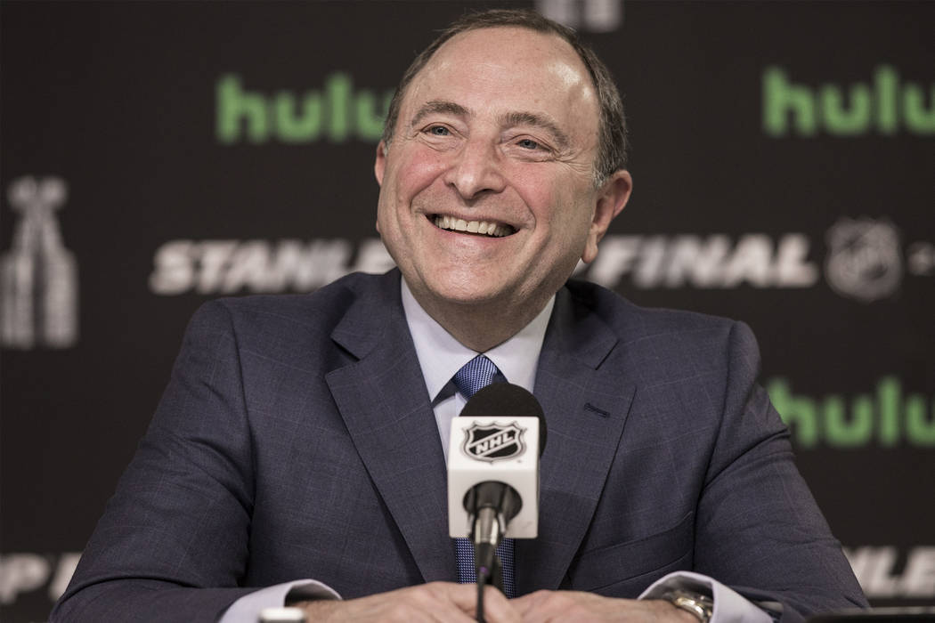 NHL Commissioner Gary Bettman answers questions during a press conference before Game 1 of the NHL Stanley Cup Finals on Monday, May 28, 2018, at T-Mobile Arena, in Las Vegas. Benjamin Hager Las V ...