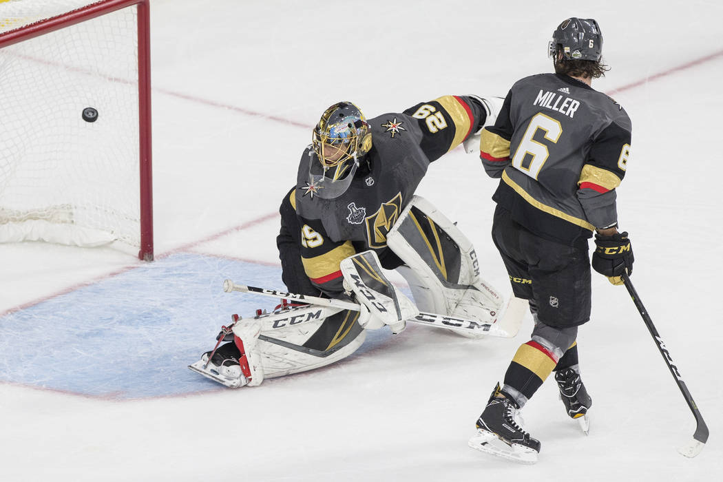Golden Knights goaltender Marc-Andre Fleury (29) gives up a first-period goal during Vegas' Game 1 matchup with the Washington Capitals during the NHL Stanley Cup Finals on Monday, May 28, 2018, a ...