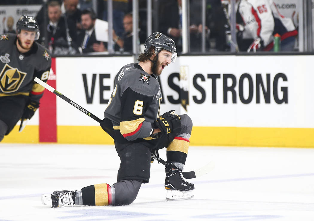Golden Knights defenseman Colin Miller (6) celebrates his goal against the Washington Capitals during the first period of Game 1 of the NHL hockey Stanley Cup Final at the T-Mobile Arena in Las Ve ...