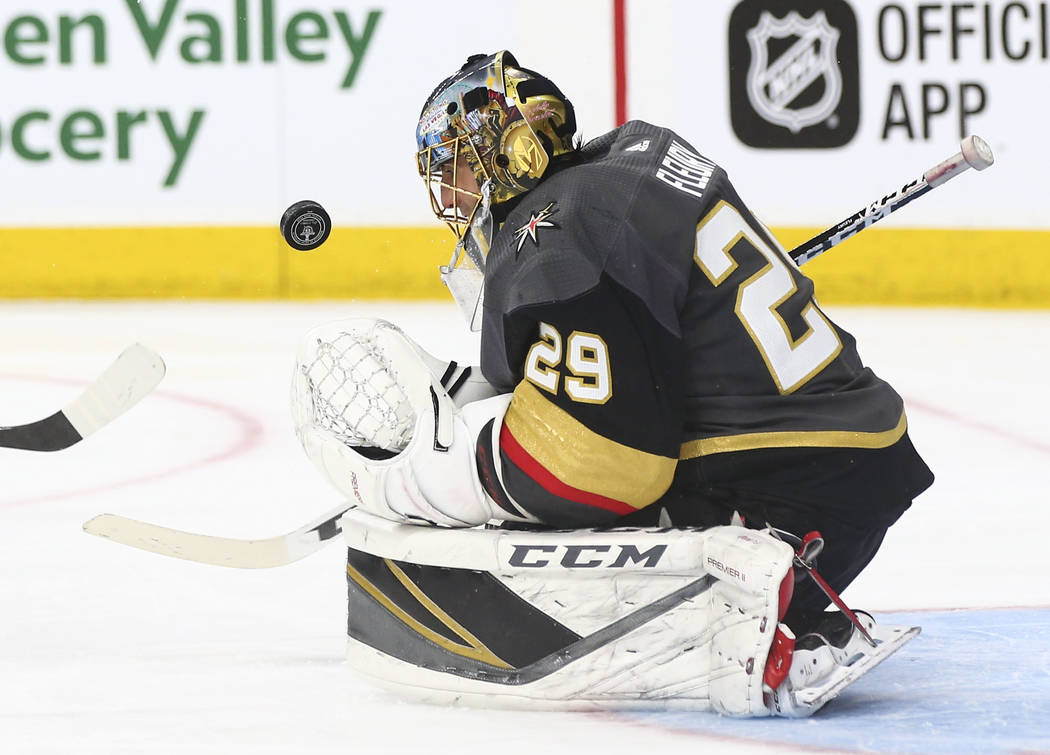 Golden Knights goaltender Marc-Andre Fleury (29) makes a save against the Washington Capitals during the second period of Game 1 of the NHL hockey Stanley Cup Final at the T-Mobile Arena in Las Ve ...