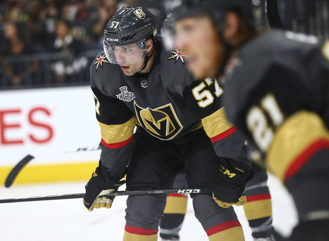 Golden Knights left wing David Perron (57) looks on during the second period of Game 1 of the NHL hockey Stanley Cup Final against the Washington Capitals at the T-Mobile Arena in Las Vegas on Mon ...