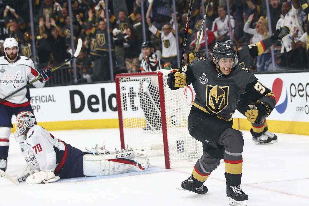 Golden Knights left wing Tomas Nosek (92) celebrates his goal against the Washington Capitals during the third period of Game 1 of the NHL hockey Stanley Cup Final at the T-Mobile Arena in Las Veg ...