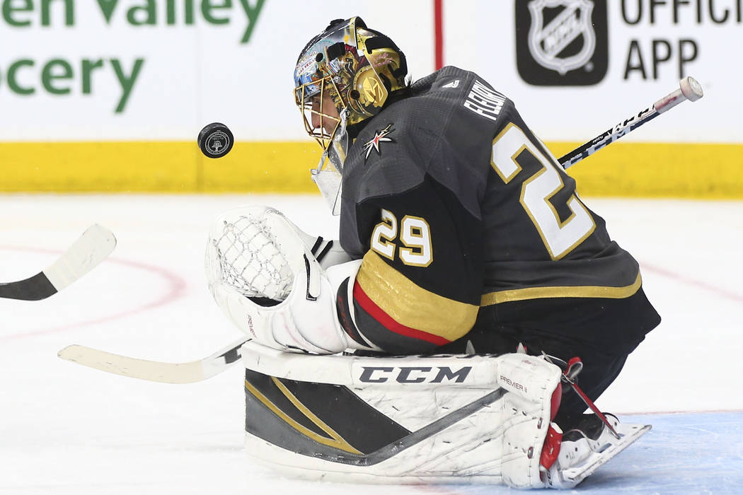 Golden Knights goaltender Marc-Andre Fleury (29) makes a save against the Washington Capitals during the second period of Game 1 of the NHL hockey Stanley Cup Final at the T-Mobile Arena in Las Ve ...