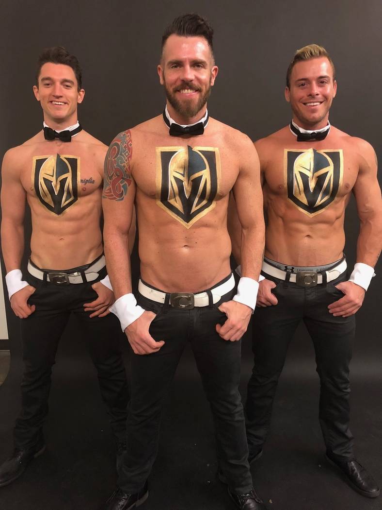 Members of "Chippendales" at the Rio, from left, Tyler Froelich, Ryan Kelsey, Ryan Worley are shown with their temporary VGK logo body paint. (Chippendales)