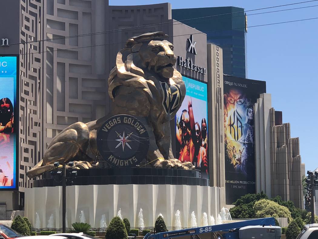 Leo the Lion comes up big on the corner of Tropicana Avenue and the Strip (John Katsilometes/Las Vegas Review-Journal)