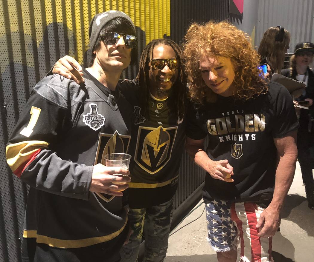 Criss Angel, Lil Jon and Carrot Top are shown at T-Mobile Arena during Game 1 of the Stanley Cup Final between the Golden Knights and Washington Capitals on Monday, May 28, 2018. (John Katsilomete ...