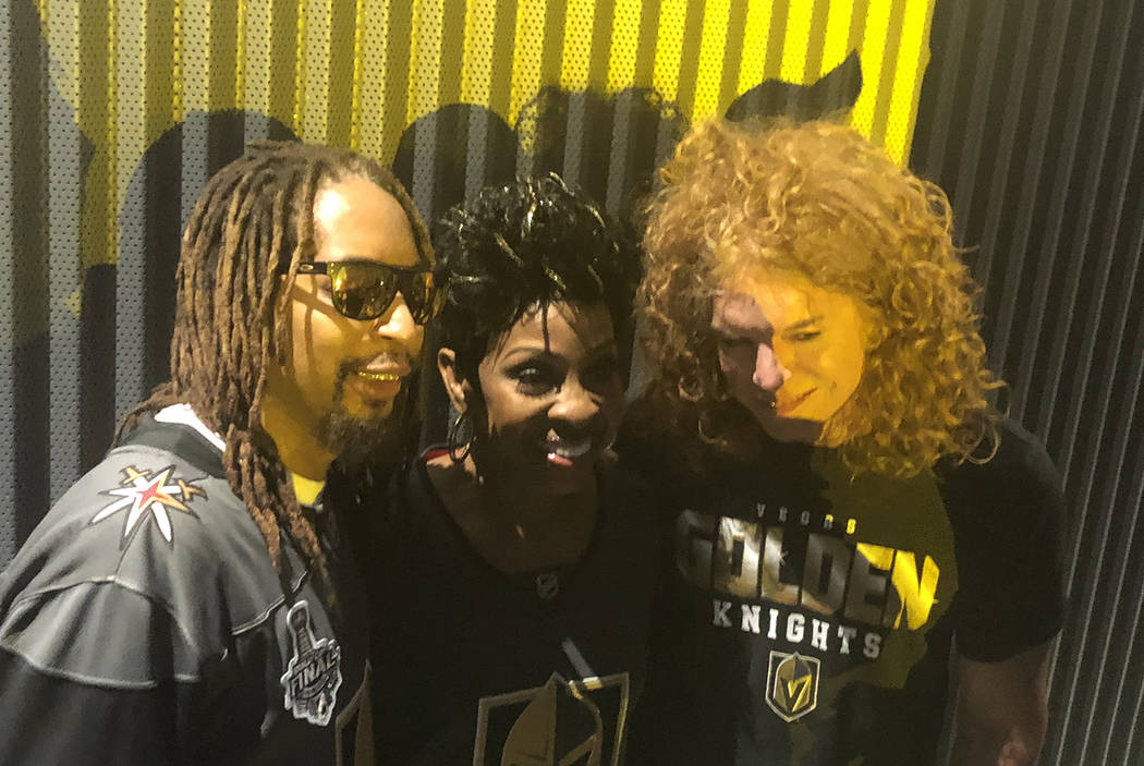 Lil Jon, Gladys Knight and Carrot Top are shown at T-Mobile Arena during Game 1 of the Stanley Cup Final between the Golden Knights and Washington Capitals on Monday, May 28, 2018. (John Katsilome ...